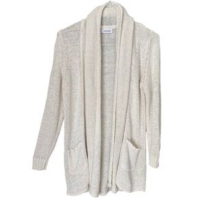 CALVIN KLEIN Cardigan Drape Open Front Pockets Creamy White Knit Women
